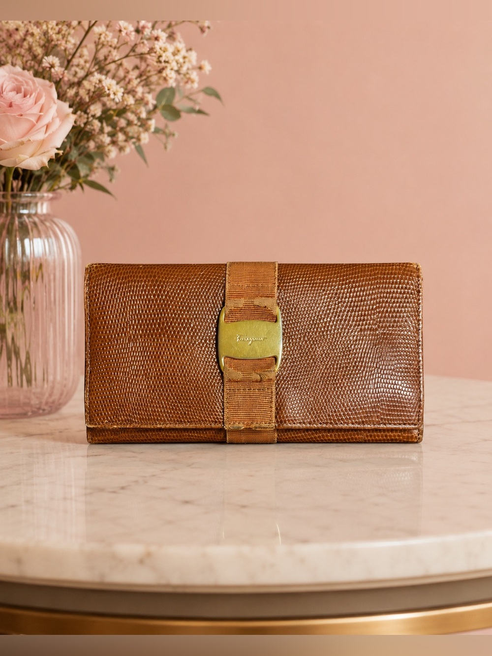 Salvatore Ferragamo Brown Lizard-Texture Leather Wallet Clutch with Gold Buckle